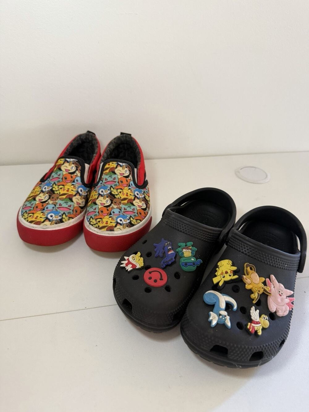 Kids Unisex Black Crocs W Jibbitzs Sz 12 + Red Slip On Pokรฉmon Sneakers Sz 13